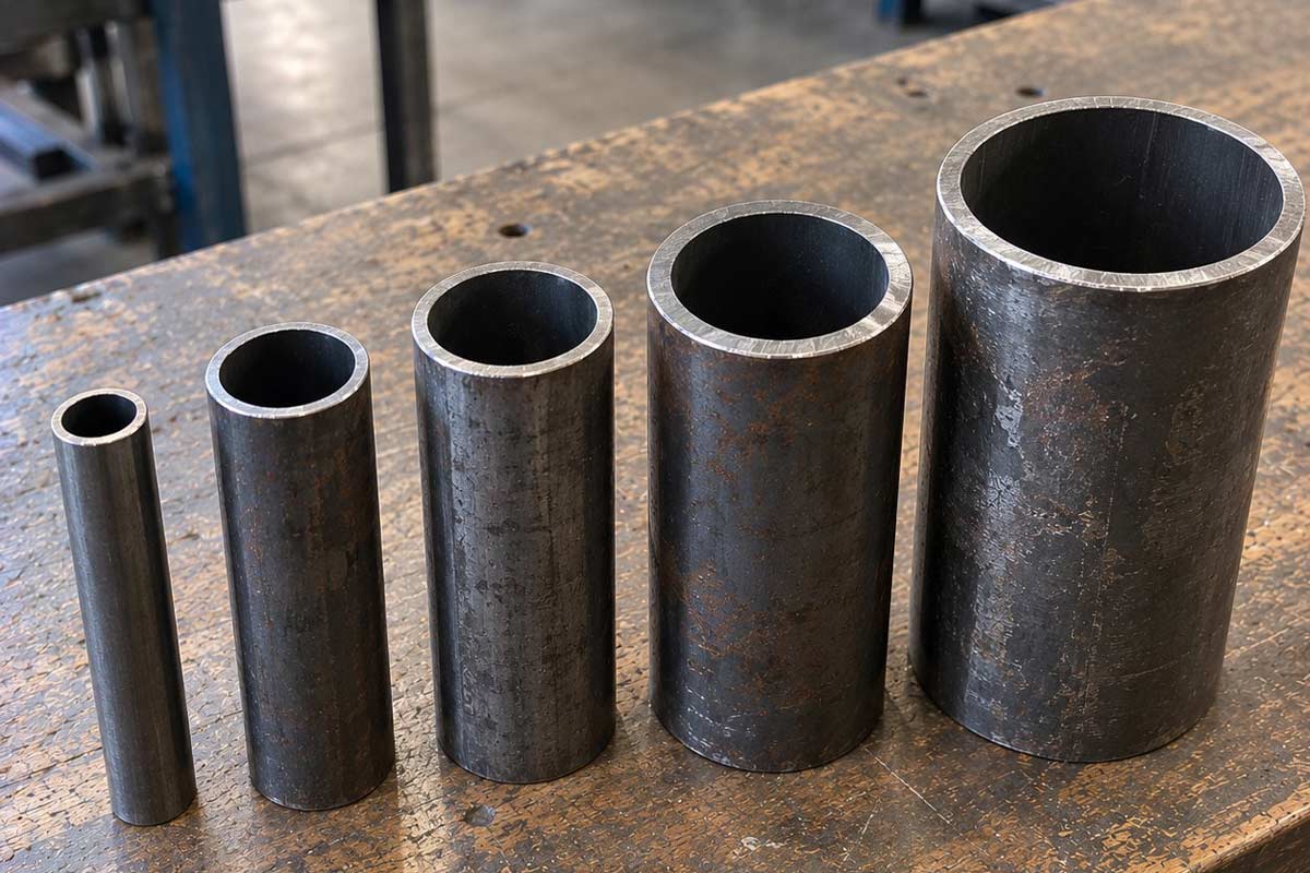 Tron&ccedil;ons de tube rond acier de diam&egrave;tres croissants pos&eacute;s debout sur un &eacute;tabli