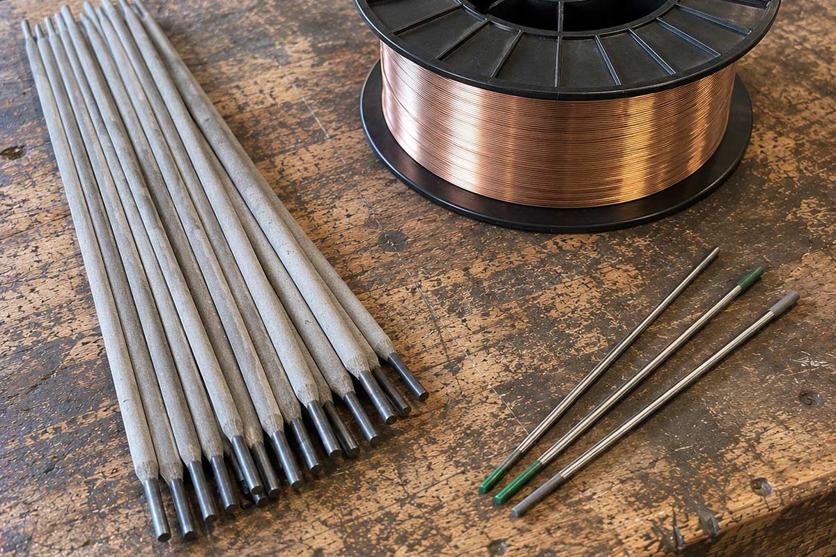 &Eacute;lectrodes enrob&eacute;es, bobine de fil MIG et &eacute;lectrodes tungst&egrave;ne TIG pos&eacute;es sur un &eacute;tabli